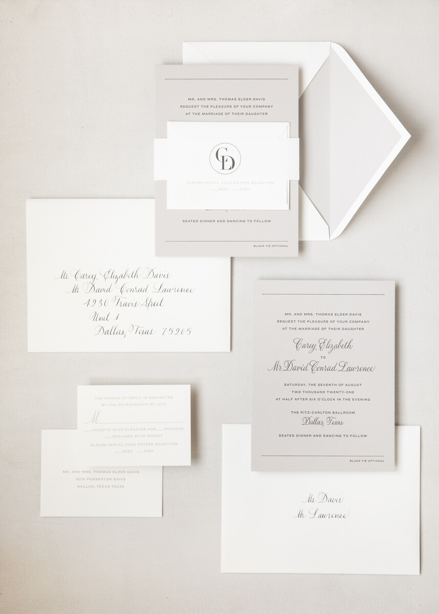 white and grey invitation suite