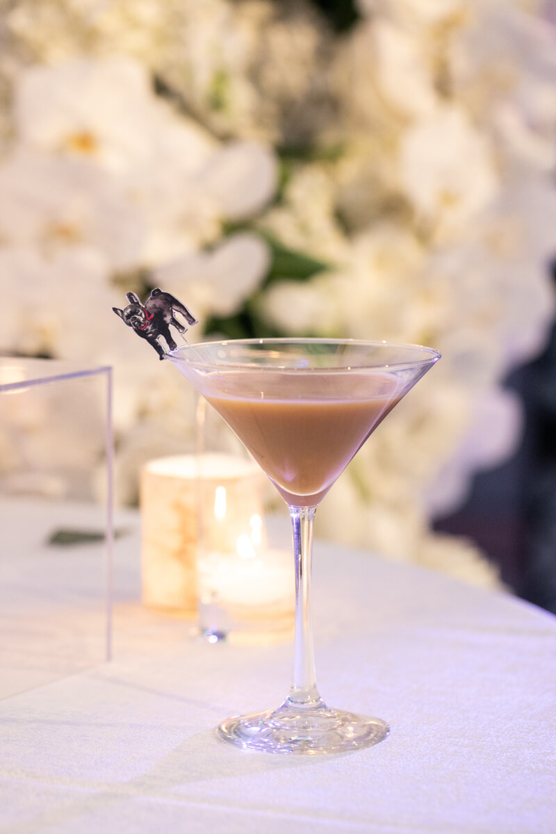 espresso martini with french bulldog stir stick