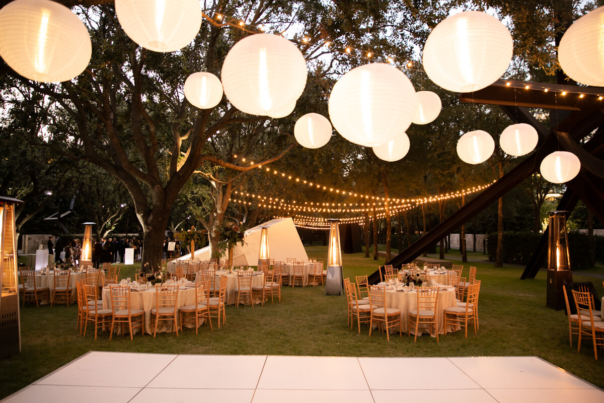 reception space with lights and lanterns