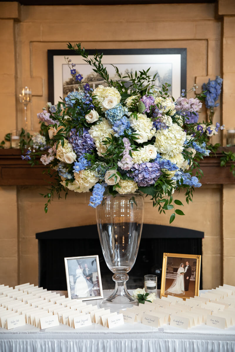 blue and white floral arrangement