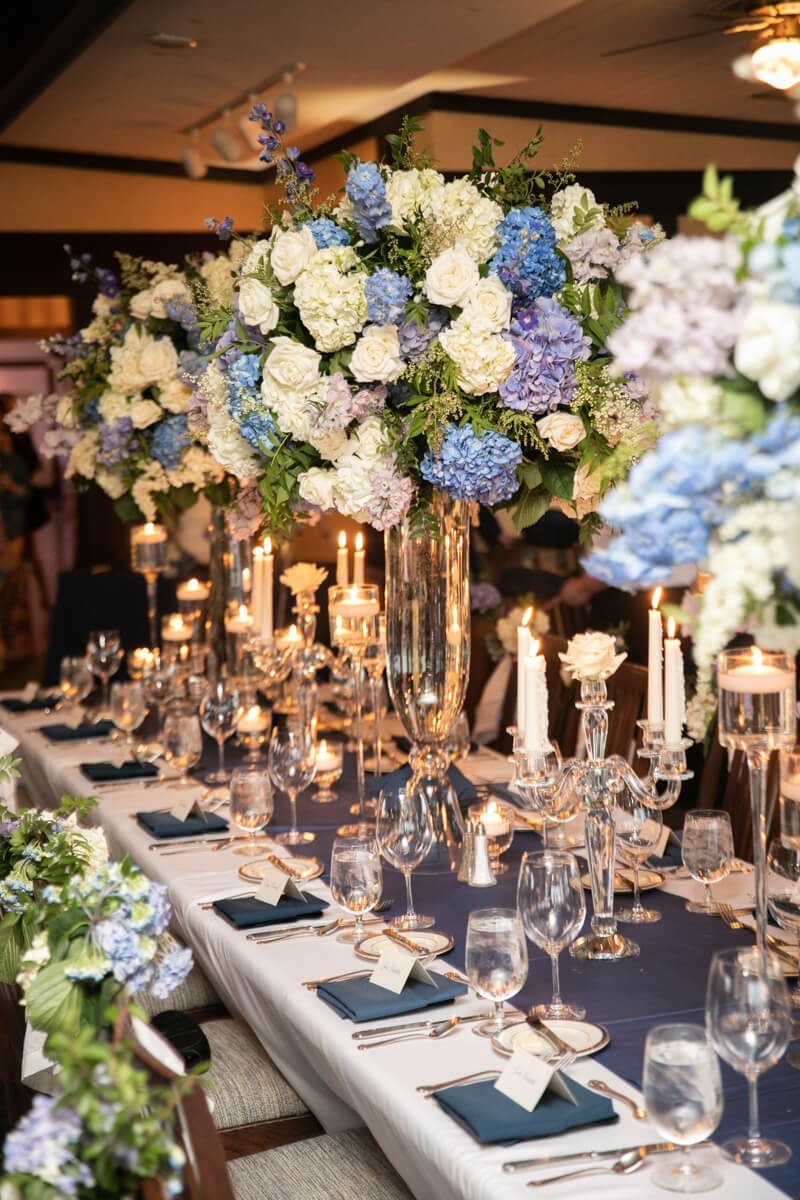 blue and white floral arrangements