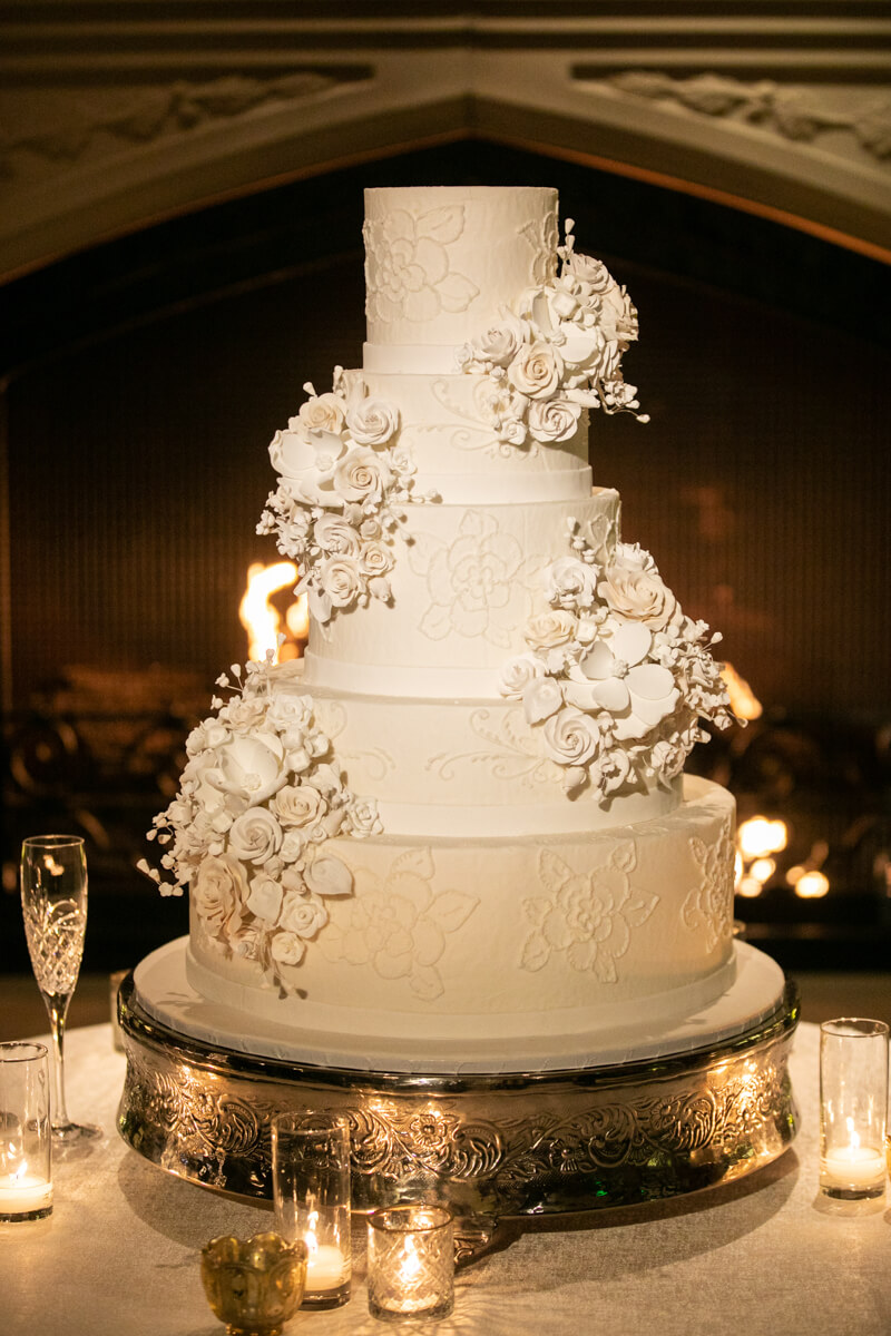 white wedding cake with sugar flowers